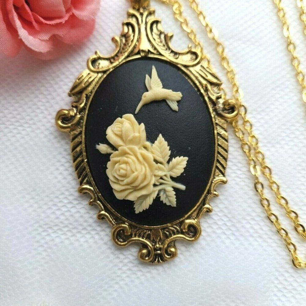 Hummingbird Cameo Gold Wedding Gift Necklace Fancy anniversary Mother’s Day gift